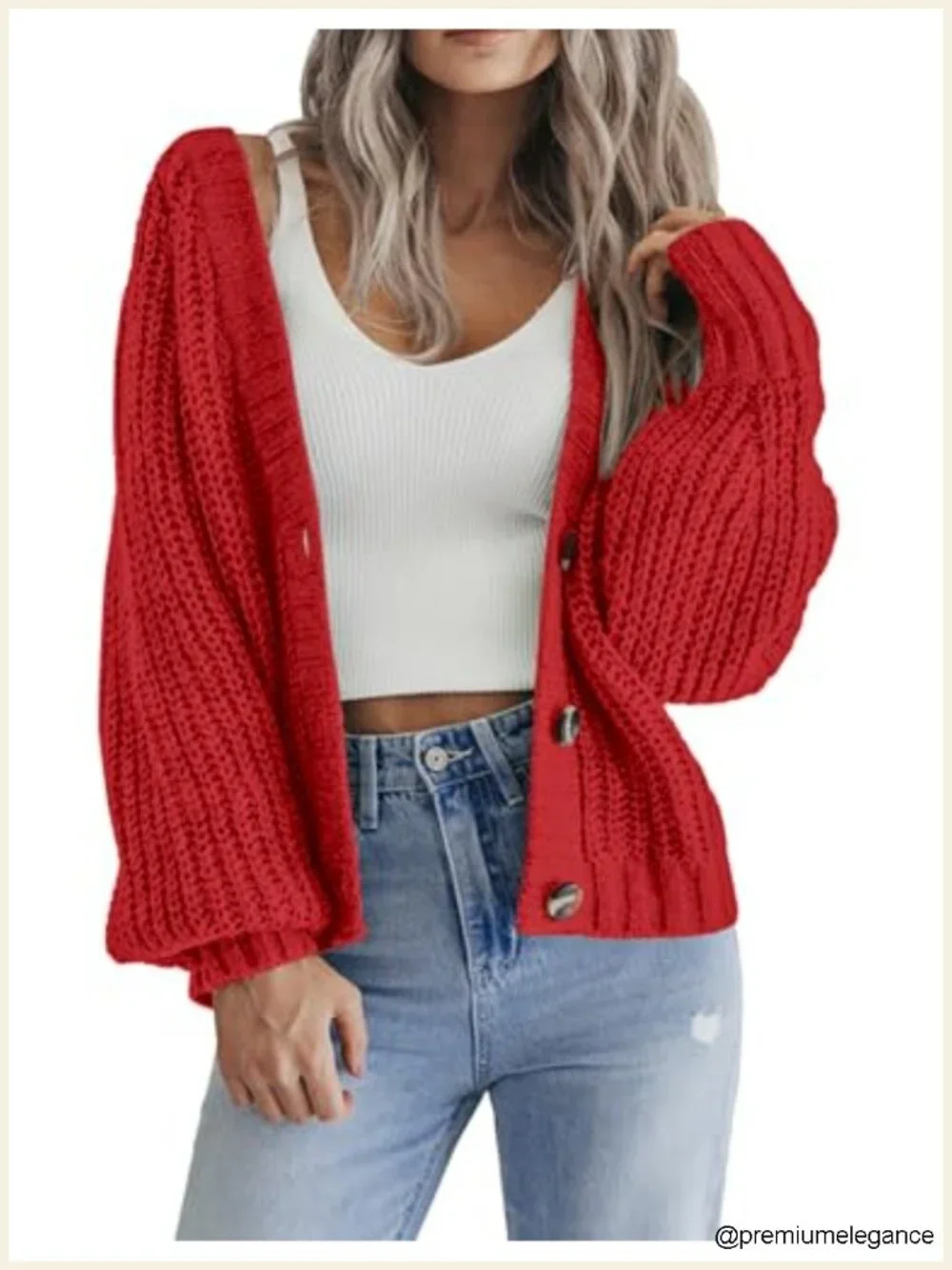 Chunky Knit Cardigan Open Front Long Sleeve V Neck Button Loose S